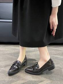 Brown Pointed Toe Thick Sole Slip-On Loafers, Vintage Fringe British Style Small Leather Shoes, Soft Slouchy Commuter Shoes, Large Size Women's Shoes 34-42, Soft Bottom Work Shoes, Preppy School Style Suitable For Spring, Summer, Autumn And Winter - Brown - View 9