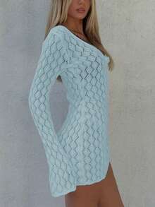 女士V领透明网纱镂空系结纽扣钩编长袖罩衫，性感纯色修身迷你针织沙滩比基尼连衣裙，春秋季度假夏季 - 天藍色 - 查看 6