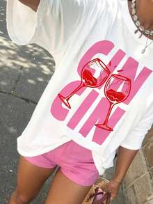 马提尼干杯印花图案T恤，女士休闲圆领短袖T恤，秋季女装返校季白色夏季款 - 白色 - 查看 2