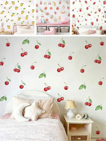 BRUP 3/4 Sheets Cute Cherry Fruit Pattern Wall Decals, Removable Peel & Stick Nursery Room Decor, Minimalist Style For Kids Bedroom, Easy To Remove