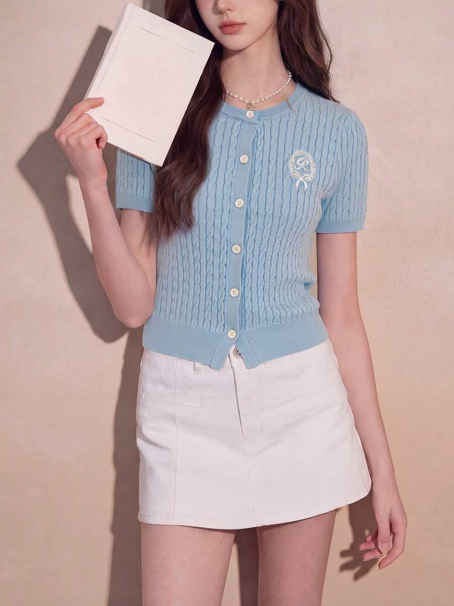 Alicedudu Áo dệt kim tay ngắn cổ tròn kiểu tối giản dành cho nữ, thích hợp cho mùa hè. - Màu xanh nhạt - Xem 1