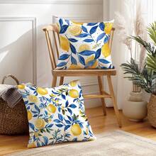 4 pièces Set de simples housses de coussin rayées bleues et citrons pour usage quotidien, en matériau velours pêche imprimé sur un seul côté, tailles 45*45/50*50/40*40CM. Convient pour la décoration minimaliste moderne de salon, cadeau, décoration de fête. - Multicolore - Voir 7