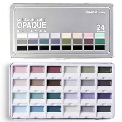 优质24色/套不透明半干性水彩颜料套装，美术用品，适合艺术家、初学者和业余爱好者绘画。