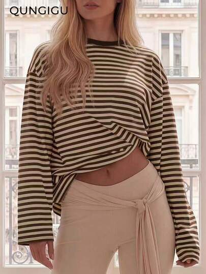 QUNGIGU Women's Long Sleeve Casual Round Neck Basic Blouse, Loose & Comfortable, Autumn