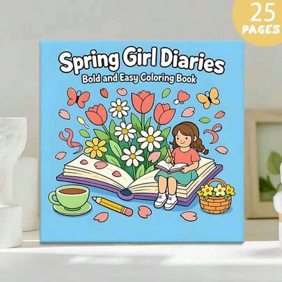 （升级豪华版，厚纸，20.5*20.5厘米）《春日少女涂色书：22张暖春花卉图案》，适合情侣和家庭，也适合派对、情人节、生日和其他节日。绘画和学习用品，共22页，书籍，涂色书，学习用品，学校，圣诞节，万圣节，生日，返校礼物，涂色书，复活节，复活节礼物，复活节手工艺品