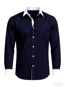 Camisa formal de manga larga de un solo pecho con parches de color contrastante, versátil y adecuada para el trabajo - Azul Marino - Ver 5