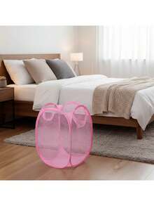 1pc Minimalist Breathable Portable Foldable Laundry Basket - Collapsible Clothes Hamper With Side Pocket For Home Bedroom Bathroom, Essential Summer Item For Travel, Commute - Pink - View 5