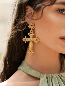 1 Đôi-Màu Sắc Hình Chữ Thập Bông Tai Hợp Kim Kẽm Với Chi Tiết Kim Cương Giả Dành Cho Nữ, Làm Quà - Vàng - Xem 4