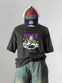 Disney BUZZ LIGHT YEAR Street Life Unisex Casual Loose Buzz Lightyear Classic Image Cartoon Printed Short Sleeve T-Shirt Summer - 黑色 - 查看 9