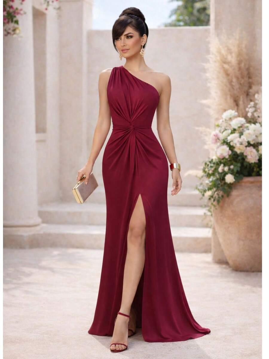 Bridesmaid Dress Guests Promotion Knot Olive Green Fuchsia Black Lilac Terracotta Emerald Royal Red Marsala Navy Without Shine - 紅木色 - 查看 1