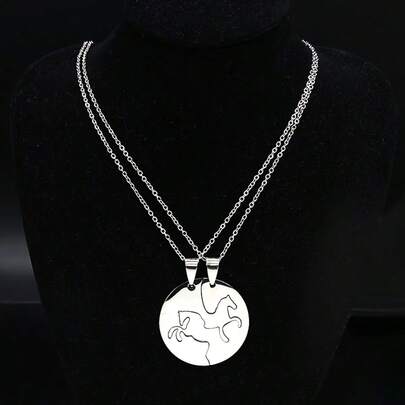2pcs Stainless Steel Silver Simple Horse Pattern Smooth Necklace, 2-In-1 Couple Sweater Necklace, Hip-Hop Necklace