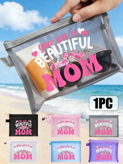 这款印有“妈妈”字样和花朵图案的网状化妆包，既是旅行网状洗漱包，也是便携式化妆品收纳包、电子设备收纳包和数据线收纳包。适合度假、办公、购物、酒店住宿、返校礼物、生日礼物、旅行配件、母亲节礼物和婚礼配件等场合。