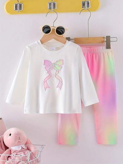 Baby Girls' Casual Everyday 2-Piece Set, Bow Embroidered Long Sleeve T-Shirt Paired With Colorful Tie-Dye Pants, Spring/Summer