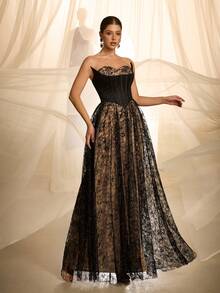 VIPGIRL Đầm dài không tay lệch vai thanh lịch dành cho nữ, đầm dạ hội sang trọng với chi tiết bèo nhún tinh tế, chất liệu vải dệt kim, trang phục dạ hội trang nhã. - màu đen - Xem 1