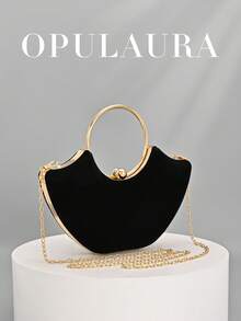 OpulAura 女款金屬感高端晚宴包，奢華派對手拿包，靜奢風閃亮晚宴包，禮服搭配包，適合舞會、派對、婚禮、新娘、伴娘、生日禮服，手持晚宴包 - 黑色 - 查看 2
