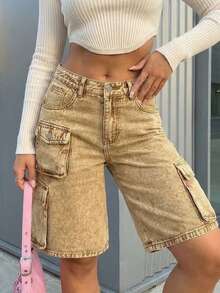 Women's Solid Color Minimalist Casual Cargo Wide Leg Denim Shorts - Brown - View 4