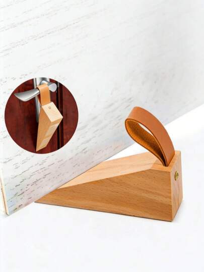 1pc Solid Wood Door Stopper With Non-Slip Base And Handle, Leather Strap, Prevents Airflow And Slamming, Designed For Doorways, Modern Home Decor, Door Protection, Ideal Commemorative Gift For Baby Shower, Honeymoon, Wedding, Gender Reveal Party