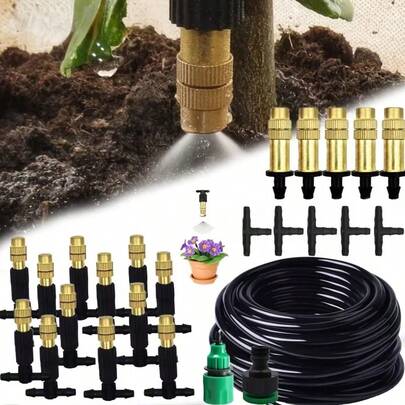 Bộ tưới tự động bằng đồng thau | Được trang bị vòi phun bằng đồng thau, ống dẫn nước 4/7 inch, vòi phun điều chỉnh được bằng đồng, thích hợp cho vườn, ban công, nhà kính, các dự án làm vườn, tưới cỏ và sân.