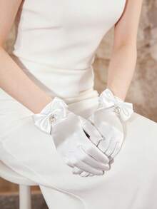 1 par de guantes de novia de satén blanco, decorados con un lazo de perlas falsas y cristales, adecuados para bodas elegantes, ópera, fiestas de té, verano, playa - Multicolor - Ver 10