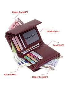 RFID Blocking Soft Leather Wallet With Card Slots And Zipper Pocket, Vintage Tri-Fold Design With Magnetic Snap, Business Casual Women's Daily Wallet, Anti-Theft Wallet, Essential Gift For Women Money Wallet Mini Wallet Purse Wallet Small Wallet Travel Essential Summer Small Wallet - Burgundy - View 10
