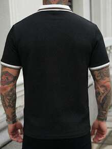 1pc Black Textured Fabric Polo Shirt With Collar - Black - View 2