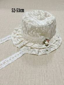 1顶幼儿女童米色蕾丝蝴蝶结遮阳帽，透气防紫外线公主风刺绣儿童帽 - 1PC - 查看 13