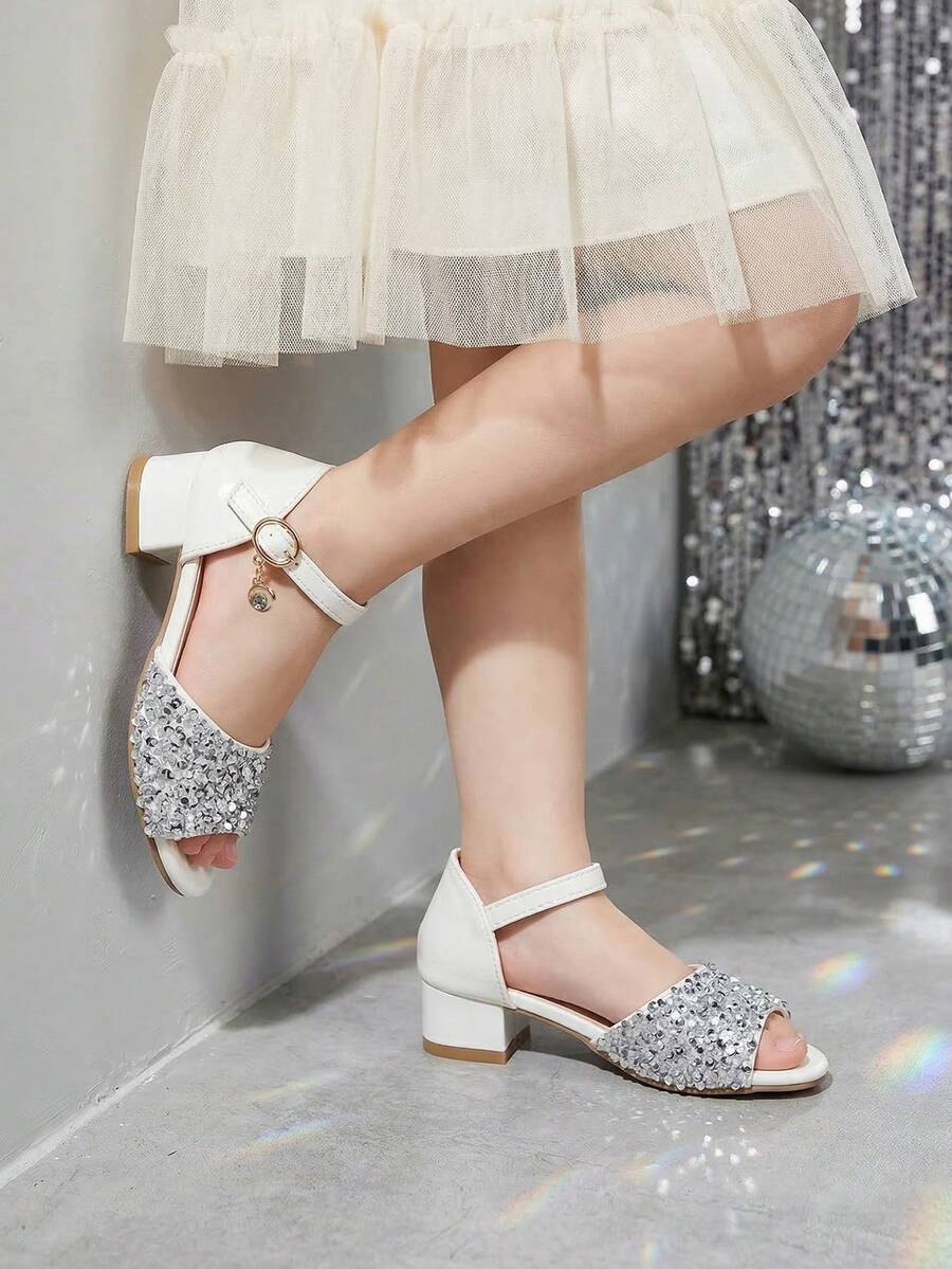 1 Pair Girls' Silver Rhinestone & Glitter High Heel Sandals, Round Toe Casual White Heels With Pendant Buckle, Suitable For Parties, Birthday, Outings And Matching Outfits, Summer - Silver - View 1