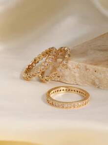 Bộ 3 chiếc nhẫn xếp chồng thời trang, thích hợp để đeo hàng ngày, dự đám cưới và làm quà tặng cho bạn gái. - Vàng - Xem 3