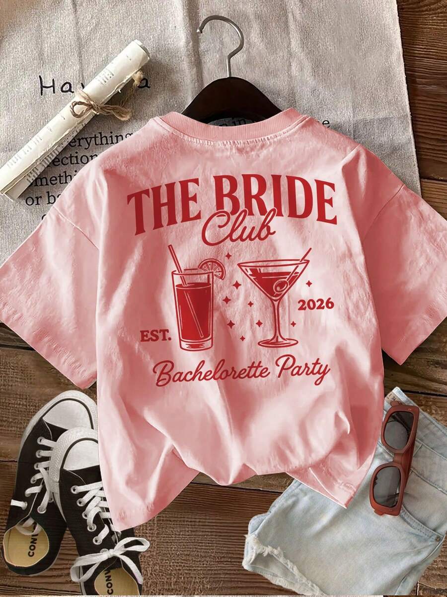 Summer Casual Women's Top, Vintage Style, Star Print, THE BRIDE Club EST 2026 Bachelorette Party, Round Neck, Pure Cotton, Short Sleeve T-Shirt - Vintage Street Style Unisex Loose Cotton Short Sleeve Crew Neck T-Shirt - 粉紅色 - 查看 1