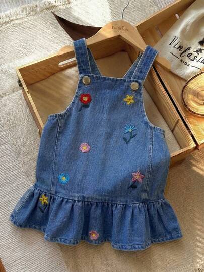 1pc Baby Girls' Cute Colorful Floral Embroidered Denim Pinafore Dress With Ruffle Hem, Casual Playful Outfit For Spring/Summer