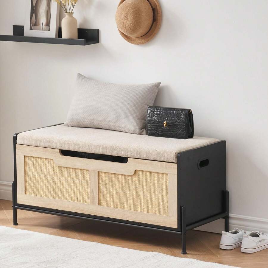 Techigher Rattan Storage Bench, Flip-Top Shoe Bench, Storage Trunk With Hinges, Storage Chest For Entryway, Living Room, Bedroom - Black 100cm - View 1