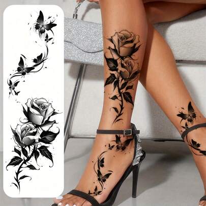 2 Peças Adesivos de Tatuagem Temporária Preta com Flor e Borboleta, Adequado para Mulheres - À Prova d'Água, Tatuagem Falsa Duradoura para Braços, Pernas e Peito, Design de Borboleta e Rosa, Adesivos de Tatuagem Duráveis | Design de Tatuagem Artística | Adesivos de Tatuagem Duradouros