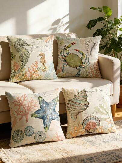 4件套海洋元素印花枕套，图案包括海马、海星、海龟和章鱼，可用于家居装饰、沙发靠垫套、卧室头枕套、汽车座椅枕套等，亦可用于房间装饰。