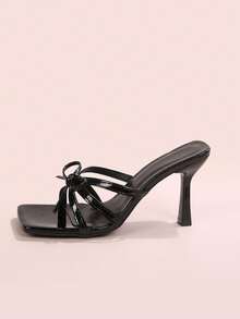 Giày sandal cao gót mũi nhọn tối giản Niche, thiết kế nơ vuông, thanh lịch, đa năng, thoải mái, hở mũi. - màu đen - Xem 2