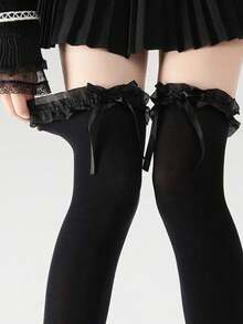 1 Pair Bow Lace Over The Knee Socks, Suitable For Wearing With Mini Skirts, - 黑色1pcs - 查看 7
