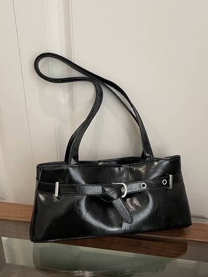 1pc Black PU Metal Buckle Letter Print Strap Decor Fashion Casual Solid Color Minimalist Spring New Niche Shoulder Bag, Suitable For Women's Daily Use