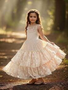 Tween Girl Floral Patterned Christmas Dress For Toddler Girls, Spaghetti Straps And Hollow Out Lace Back, Long Dress - Màu be - Xem 7