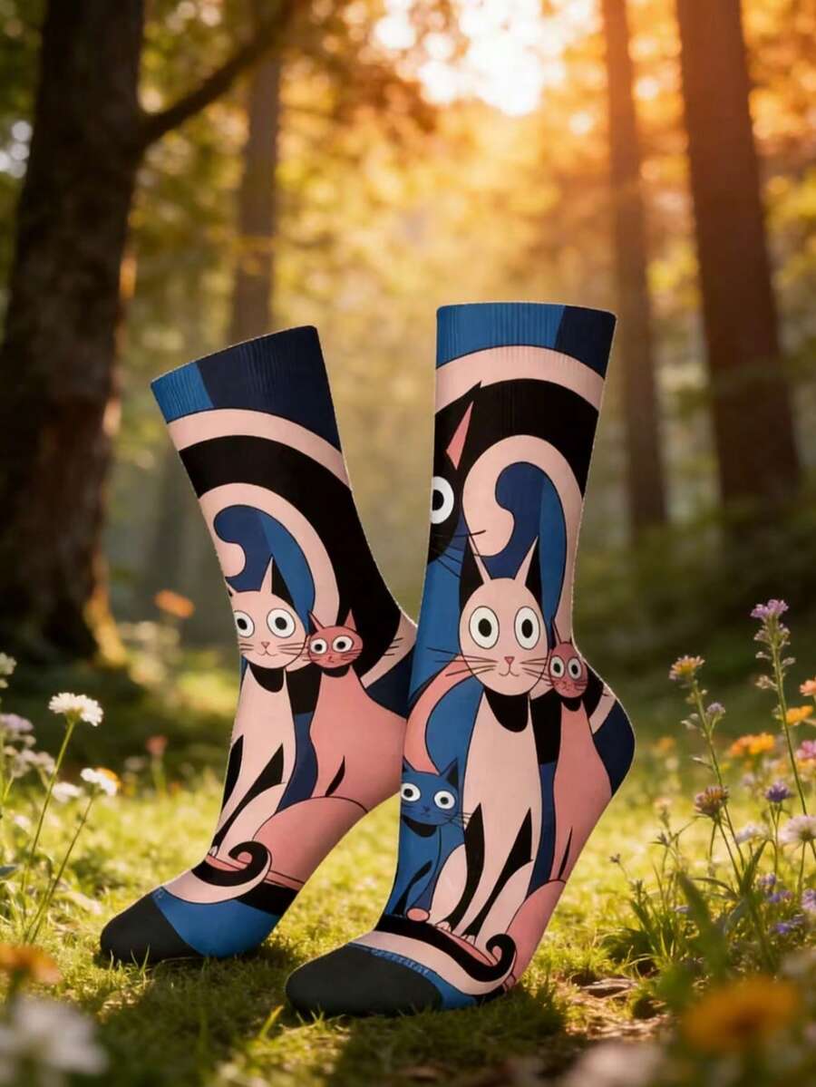 1 Pair Men's 3D Digital Print Socks, European And American Style Sports Socks, 360 Degree Seamless Heat Transfer Mid-Calf Socks - Multicolor - View 1