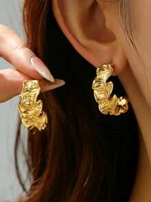 一对不对称波浪纹理金属耳环，金色褶皱C形耳环，夸张风格女士首饰 - 多色 - 查看 1