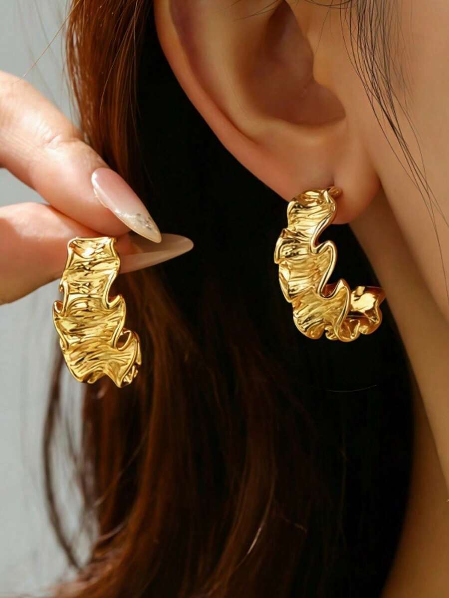 一对不对称波浪纹理金属耳环，金色褶皱C形耳环，夸张风格女士首饰 - 多色 - 查看 1