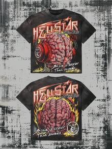 Men's 230 Washed Cotton T-Shirt,American Retro Brain Headphones Flame Double-Sided Printed Weathered T-Shirt High Street Rock Loose Sleeve, Made Of Soft Cotton. It Features A Casual And Loose Fit, Suitable For Daily Wear, Fitness, And Sports. This Pure Cotton Men's Top Is Perfect For Summer.Summer Outfits,Graphic T Shirts - 黑色 - 查看 1