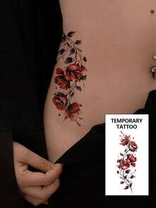 1pc Fashionable Cool Temporary Tattoo Sticker, Couple Tattoo, Black Fake Tattoo, One-Time Use Tattoo, Rose & Flower Design, Waterproof & Non-Reflective, Easy To Apply & Remove, Highly Realistic, Suitable For Men & Women On Leg, Foot, Chest, Thigh, Arm, Waist, Abdomen, Music Festival Party Supplies - Black - View 2