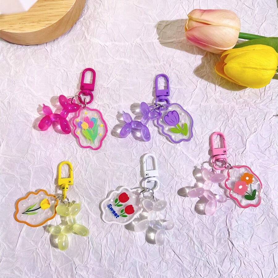 1pc Beaded Bubble Puppy Keychain Car Ornament Hanging Chain Bag Pendant - Hot Pink - View 1