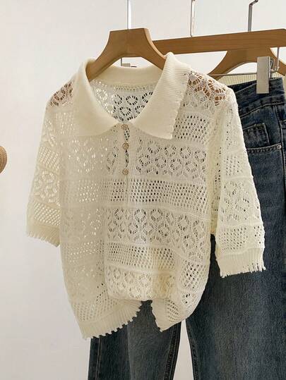 Korean Style Solid Color Lightweight Hollow Knit Top, Summer Vacation Beach Short Sleeve Knit Polo Shirt