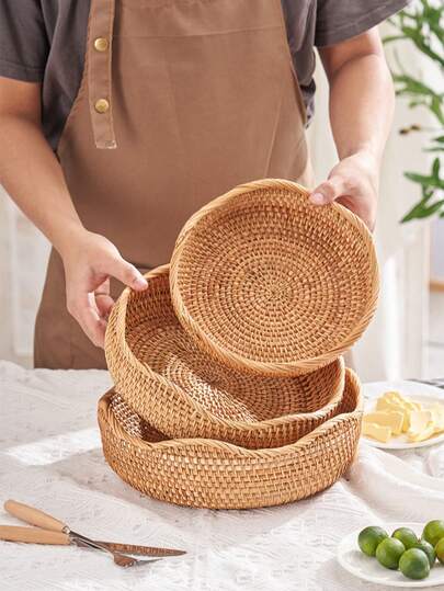 1 pieza Cesta de pan redonda tejida a mano de estilo japonés de 7.5/8.6/10 pulgadas - Bandeja de almacenamiento bohemia de parte superior abierta, adecuada para pan, fruta, bollos, decoración rústica y contenedor multiusos (Cesta de pan, cesta de pastelería, cesta de aperitivos, organizador de sala de estar), cesta de estantería