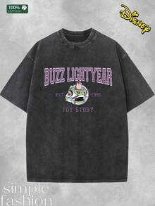 Disney Retro Washed T-Shirt Double-Sided Printing (230 Pure Cotton T-Shirt) "BUZZ LIGHT" EST. 1995, TOY STORY Pattern Printing, Men's T-Shirt, Men's Casual, Comfortable, Fashionable T-Shirt, Street Style Versatile T-Shirt Cotton Suitable For Various Occasions - 黑色 - 查看 2