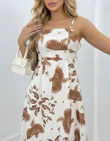 Women's Long Dress With Leaf Print, Crossed Straps, Casual, Summer, Tropical - 白色/棕色 - 查看 4