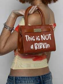 Tote&Carry Women's Y2K Baddie Sassy Letter Print Mini Tote Bag, Vibrant Caramel PU Leather Crossbody Top Handle Purse, This Is Not A Birkin Ironic Luxury Parody Statement Handbag For Spring Festival Concert Party - 摩卡棕 - 查看 10