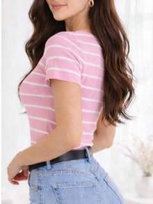 Women's Basic Ribbed Cotton Striped Blouse - 淺粉色 - 查看 2