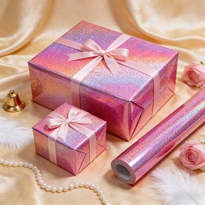 1卷闪光彩虹色包装纸，每卷尺寸：17英寸 x 118英寸，精美礼品包装纸，适用于情人节、生日、婚礼、花束、礼盒和手工DIY。
